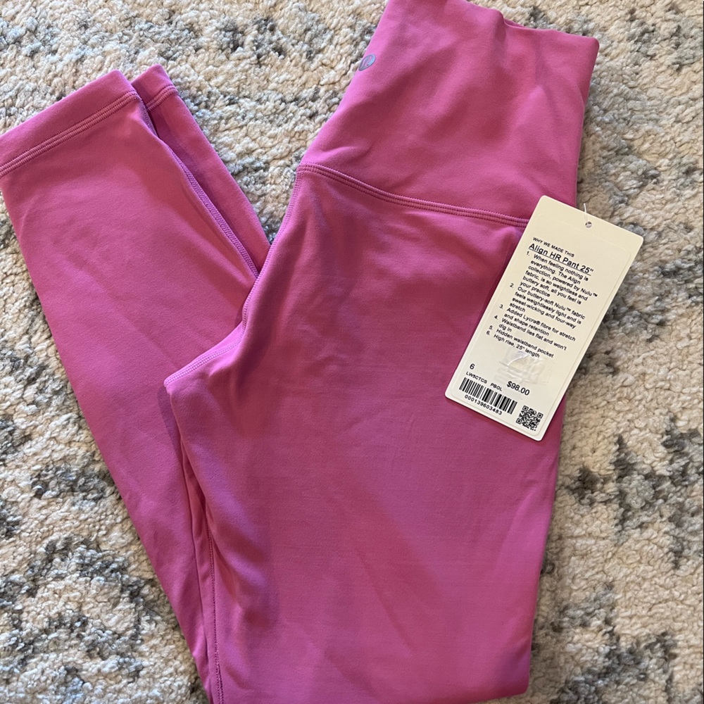 ❌SOLD❌BNWT Lulu align High Rise leggings 25” Pink, size 6